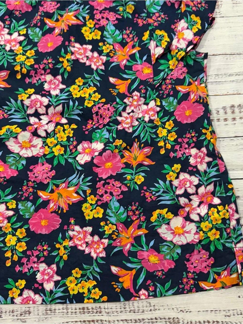 J. Crew Floral Short Sleeve Top - Navy with Pink & Yellow Blooms extra small